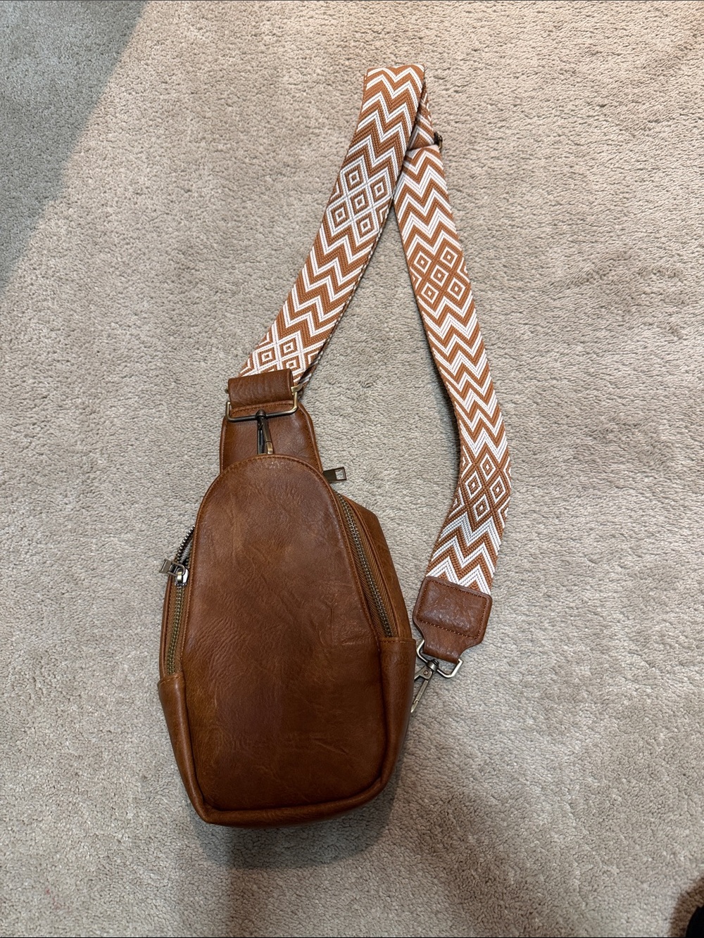 Brown Leather Crossbody Sling Bag with Patterned Strap